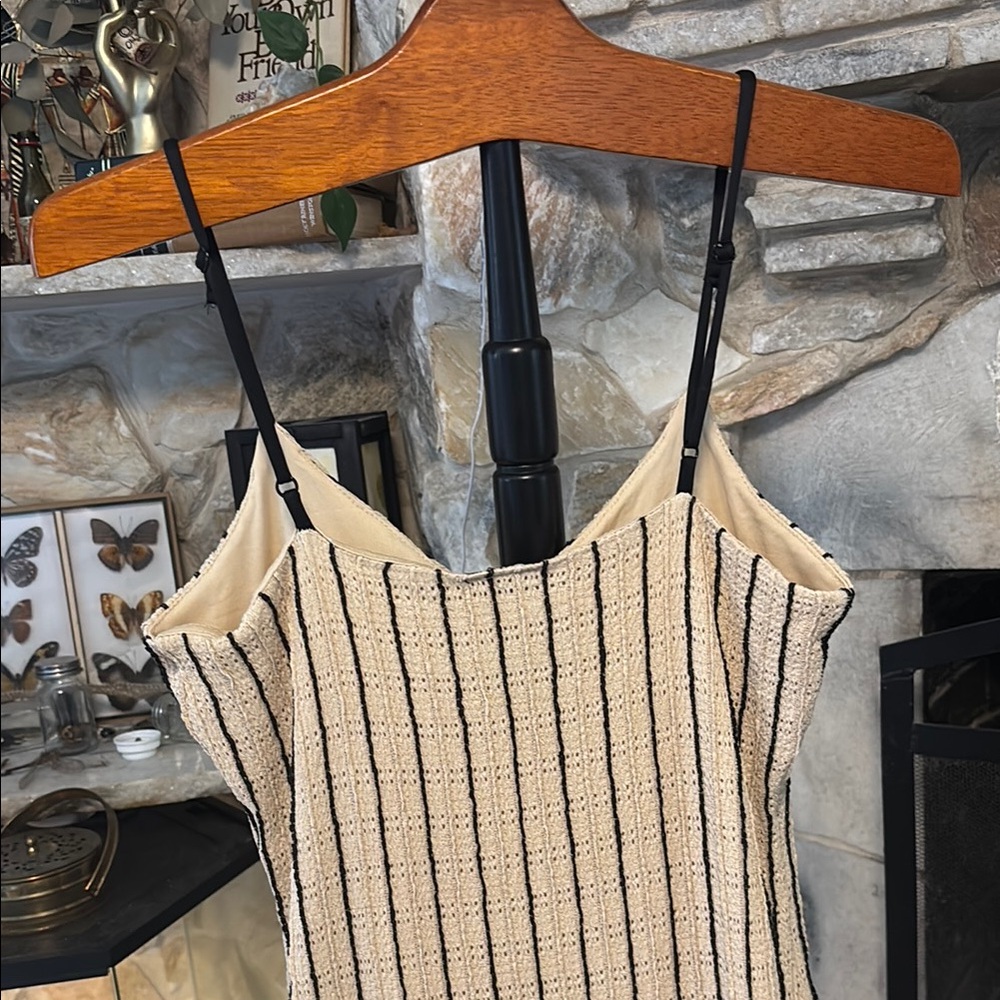 Rosie Harlow Maxi Dress Spaghetti Straps Tan Black Ribbed Sleeveless Beachy Boho - Picture 8 of 16